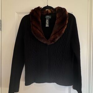 Lauren Ralph Lauren Black Cable Knit Cardigan with Brown Faux-Fur Collar